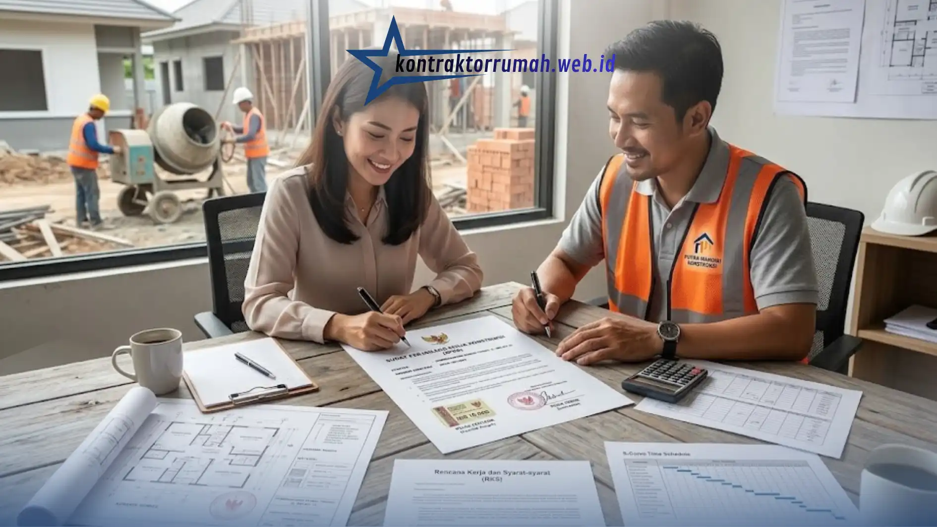 Arsitek wanita menandatangani kontrak konstruksi rumah di Indonesia