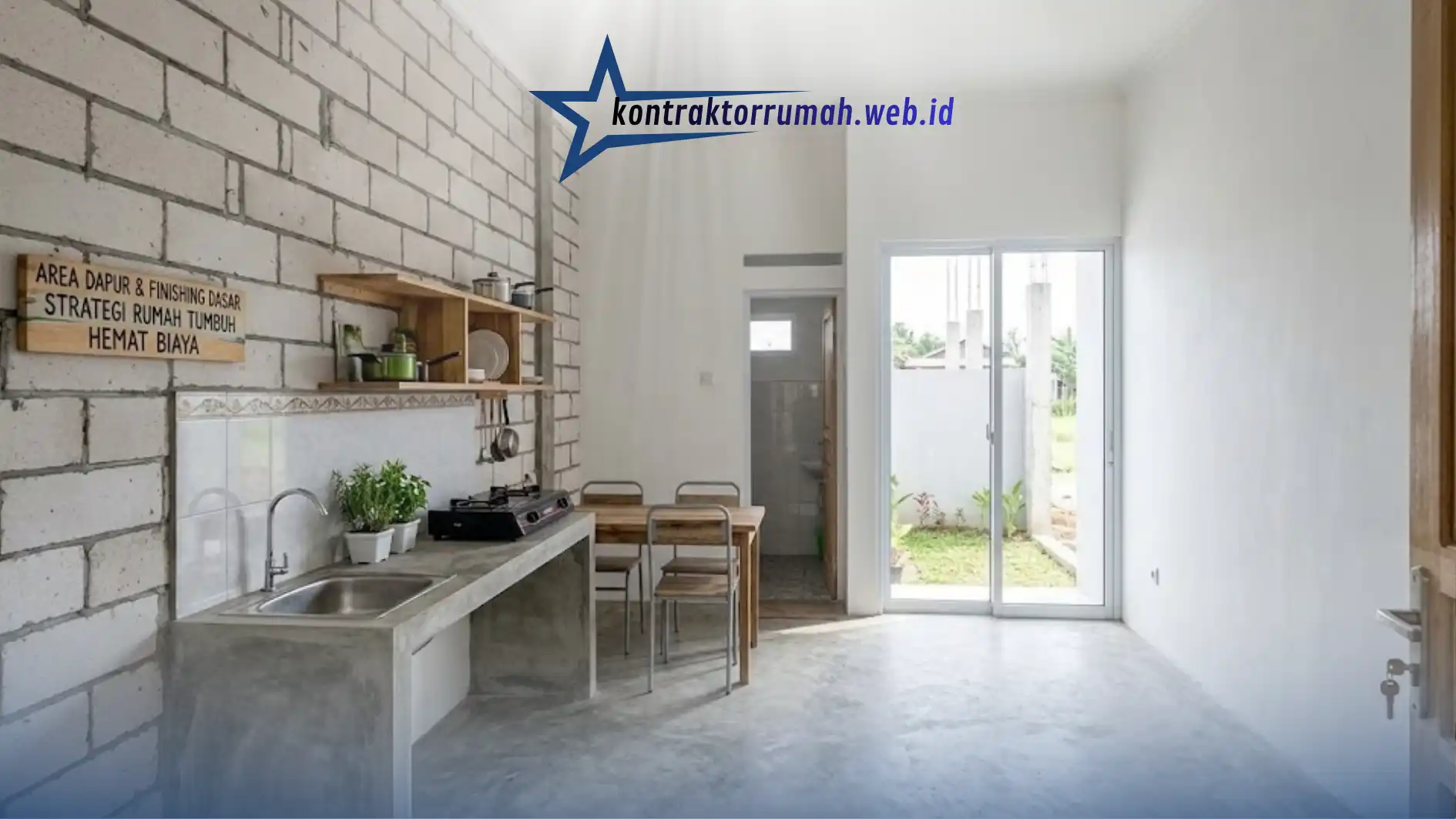 Dapur dengan gaya semen ekspos pada rumah bujet 100 juta