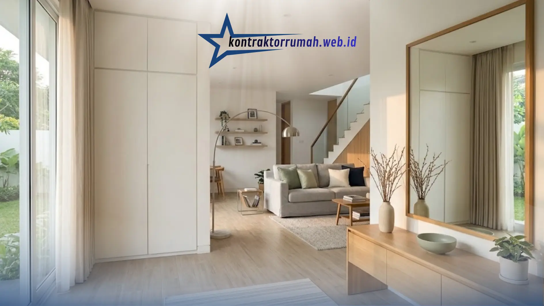 Dekorasi interior rumah modern minimalis dengan furnitur sederhana dan palet netral