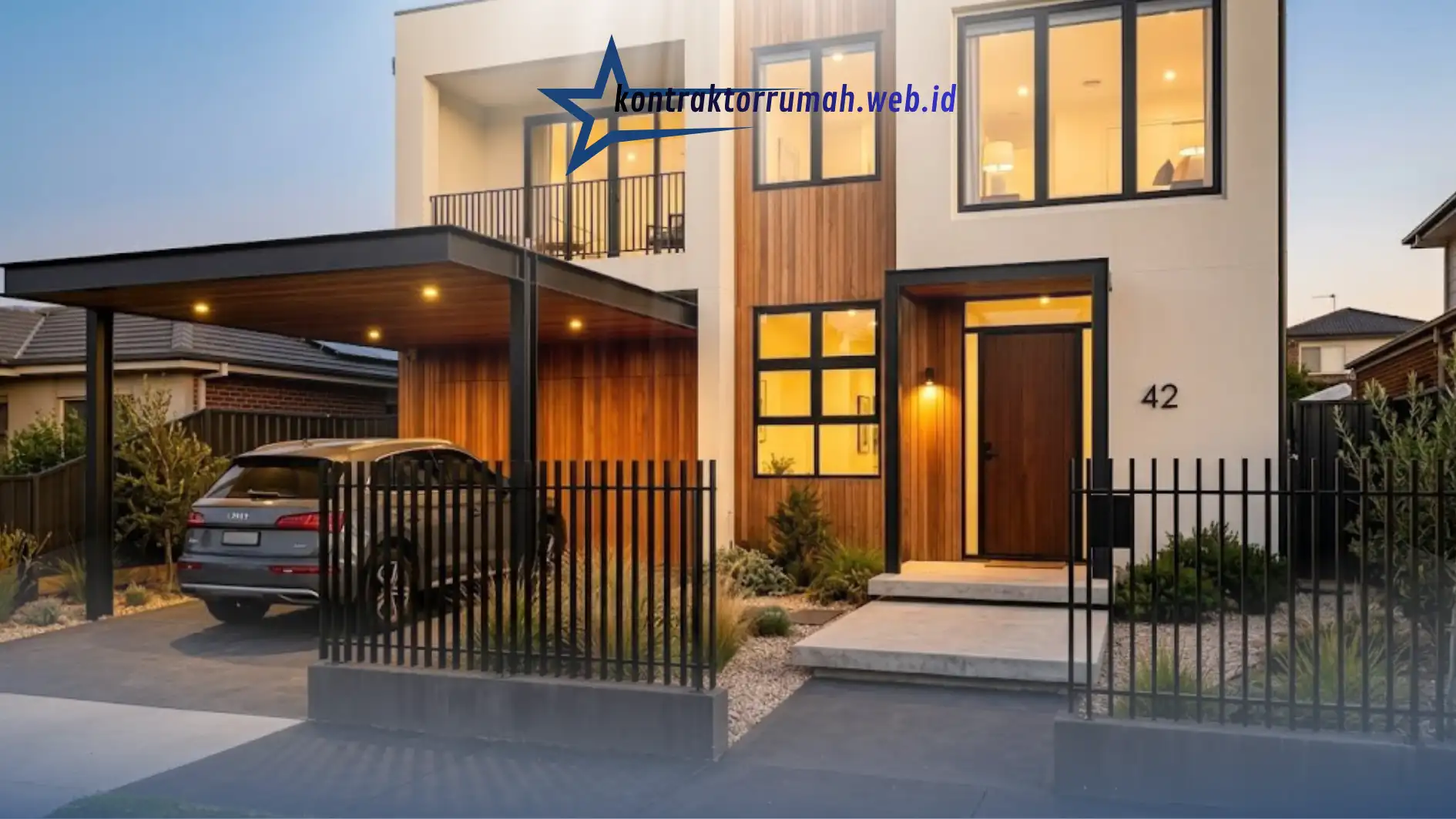 Tampilan fasad rumah kayu dan besi modern saat malam hari