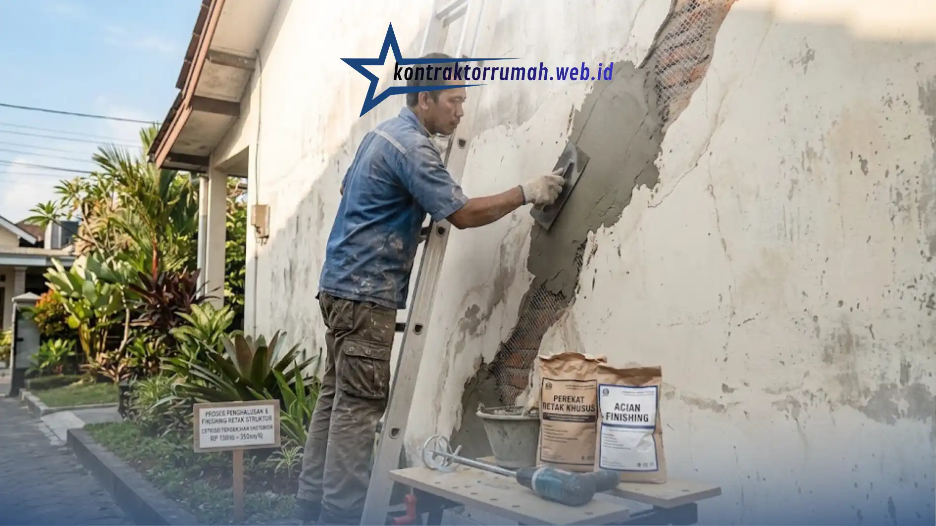 Finishing plester perbaikan tembok retak pada dinding luar rumah