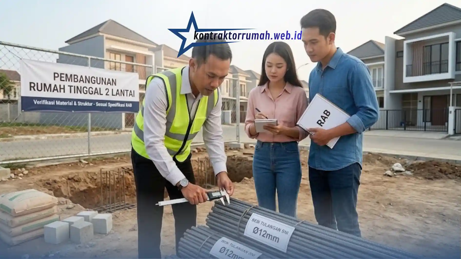 Inspeksi besi tulangan bersama kontraktor pada proyek rumah dua lantai