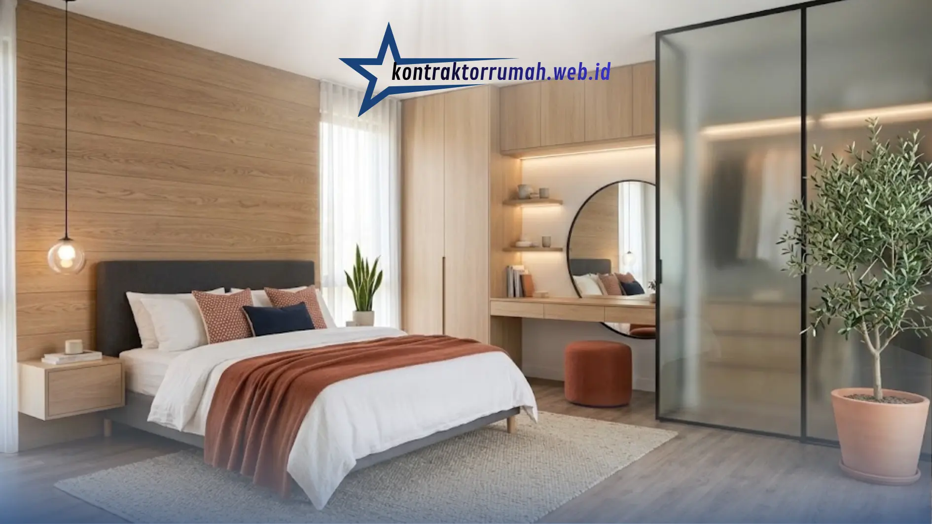 Interior kamar tidur utama modern dengan tata cahaya berlapis dan furnitur fungsional