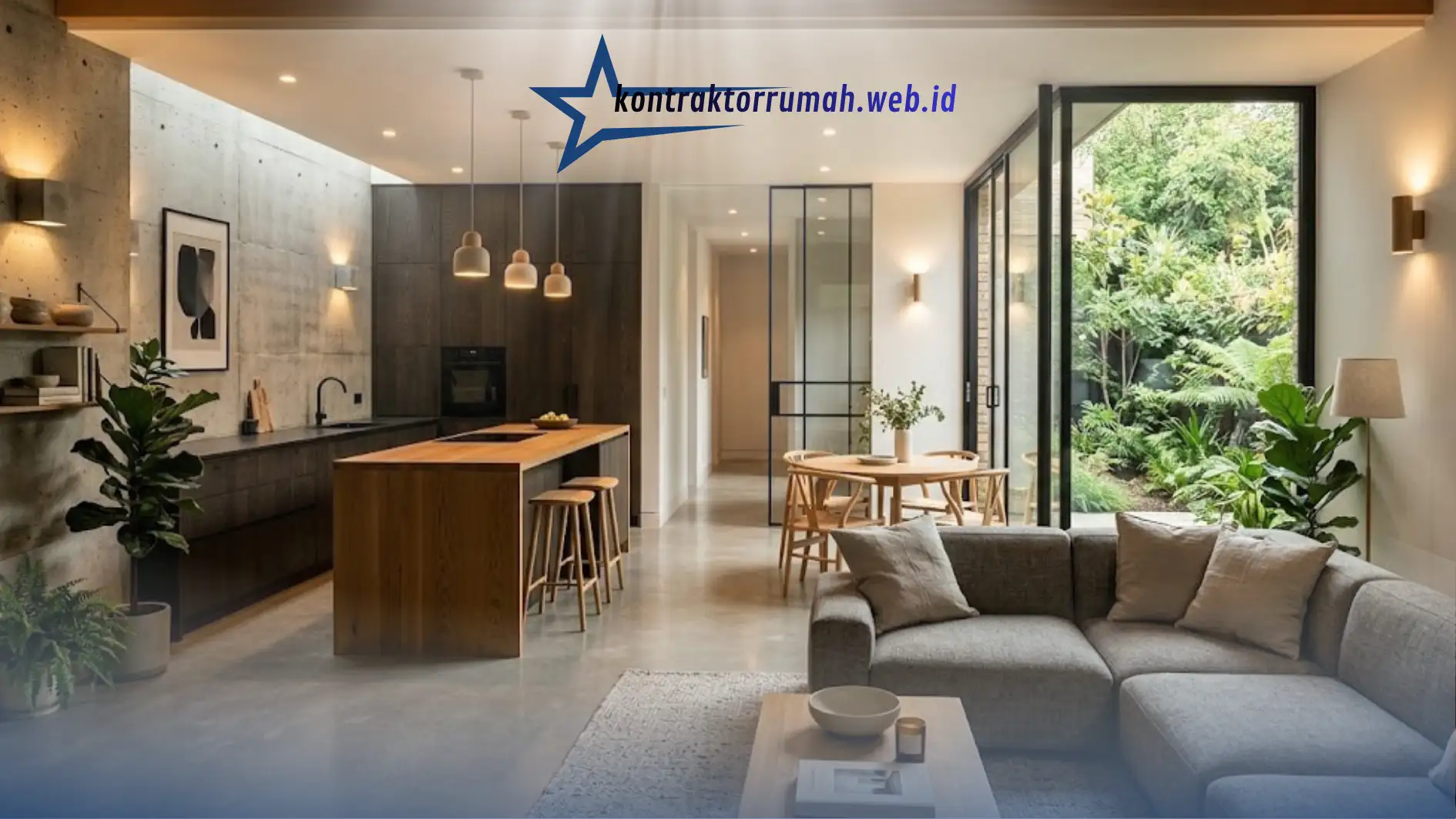 Interior open space bergaya industrial minimalis dengan elemen beton dan kayu