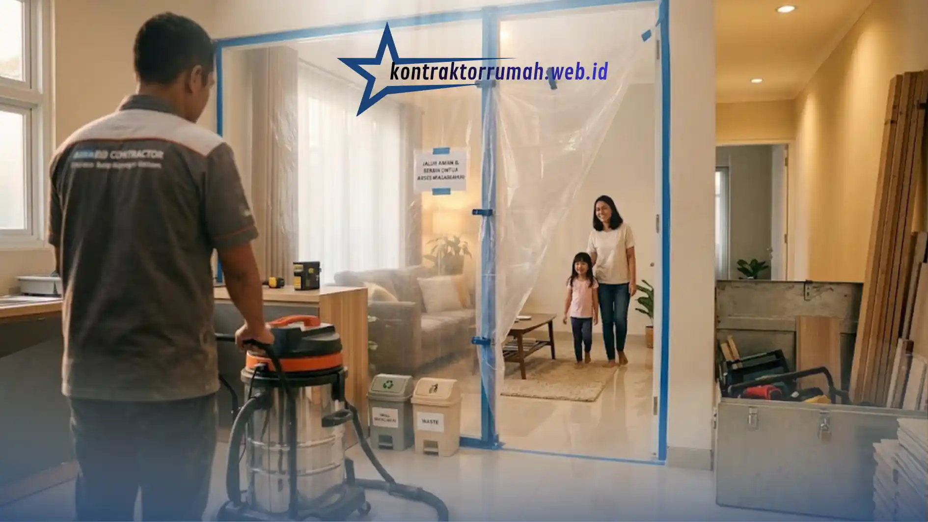 Membersihkan puing renovasi setiap hari demi keamanan penghuni rumah