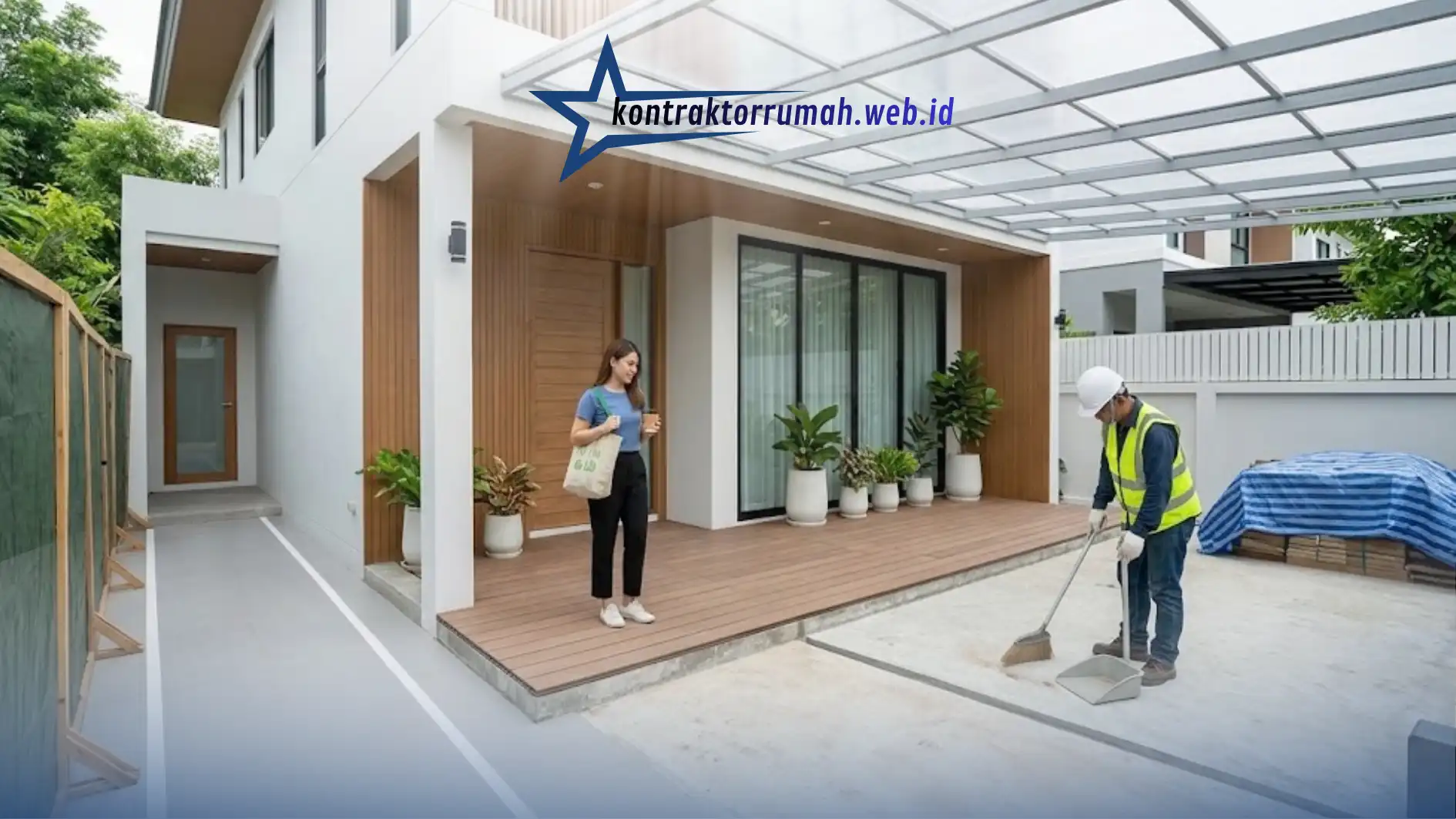 Area kerja renovasi teras yang dijaga tetap bersih setiap hari agar rumah tidak berdebu