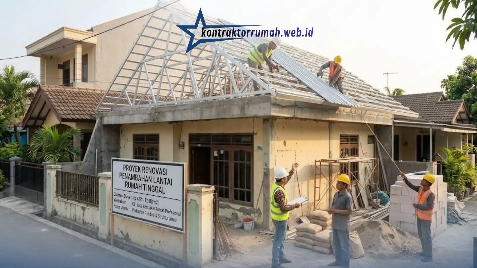 Pemasangan atap baja ringan pada renovasi rumah 2 lantai