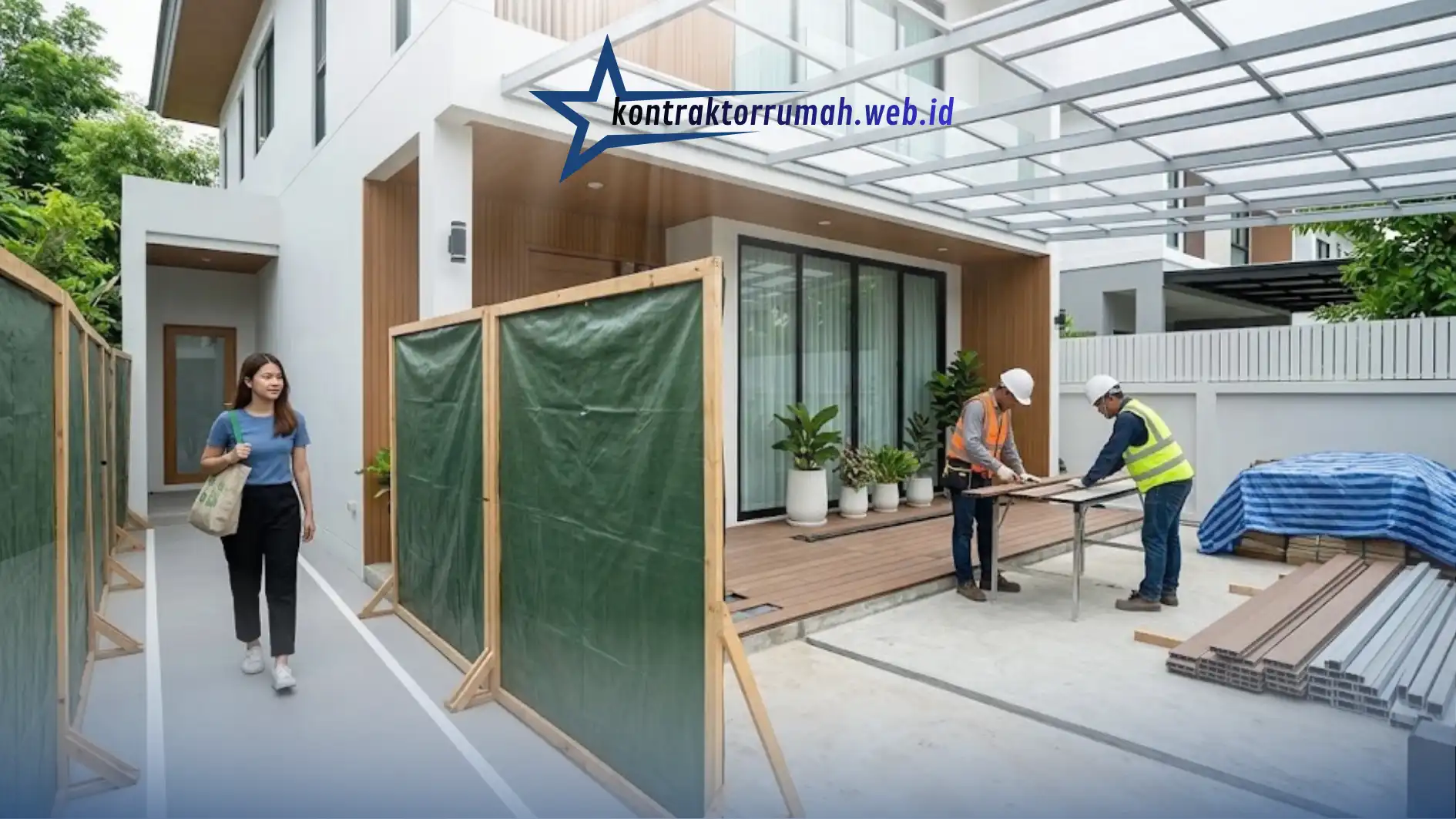 Pemasangan decking WPC pada teras rumah minimalis dengan jalur aman bagi penghuni
