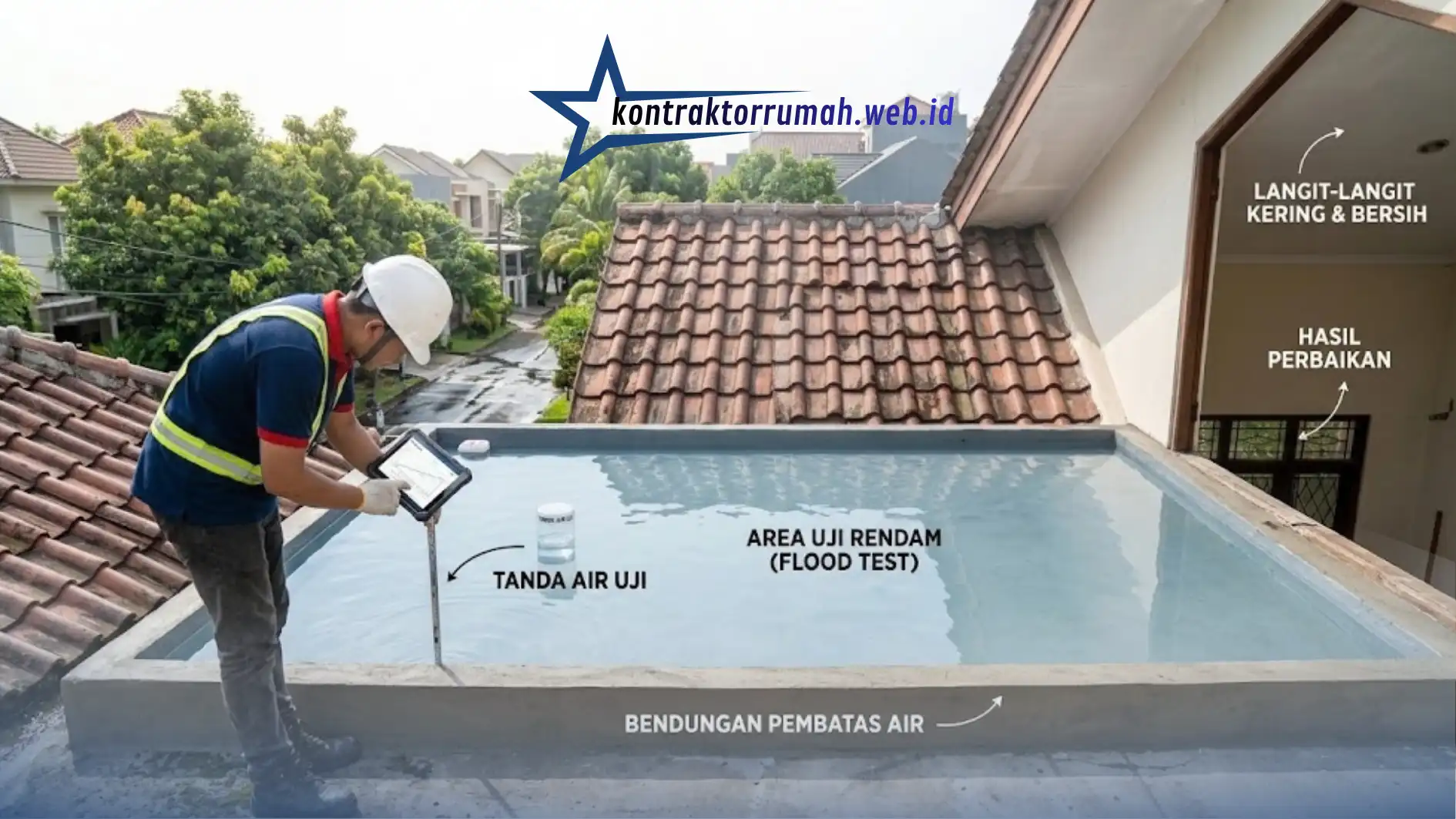 Uji rendam flood test untuk memastikan hasil waterproofing atap rumah